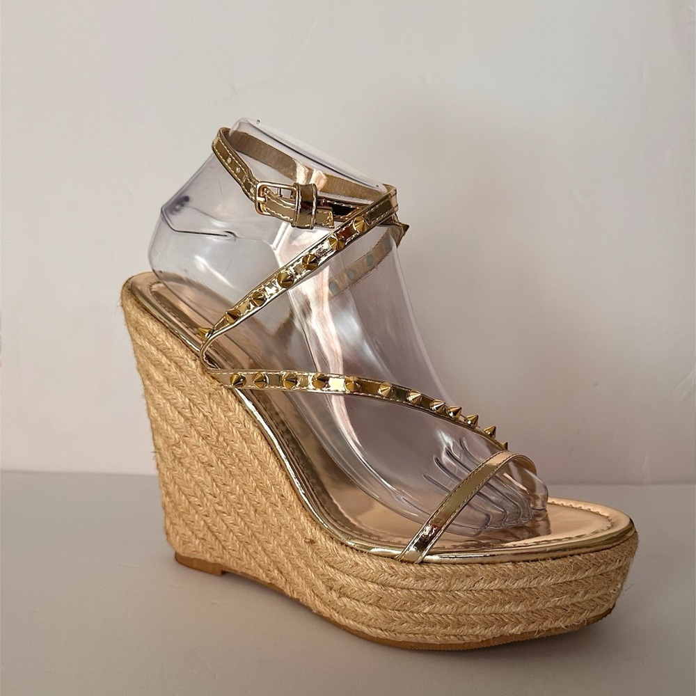 Liliana Gold Wedge Sandals-Ankle Strap Wedge Heel